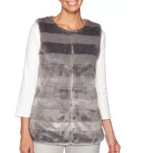 Ruby Rd. Shimmer & Shine Faux Fur Vest Gray Silver Striped Boho